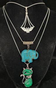 (1) 24" Bat Pendant Necklace (1) Turquoise Elephant Gemstone Necklace (1) Natural Green Malachite Gemstone Cat Necklace