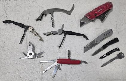 (1) Husky Red folding Lock-Blade Utility Knife (1) Vintage Parker Cut Co. Chinchilla Pocket Knife (1) SOG Centi I Slipjoint Folding Knife 1.38" 3Cr13 Steel Blade CE1002-CP (1) WORKPRO Folding Lock Back Utility Knife/Box Cutter with Belt Clip (1) Multi-Too