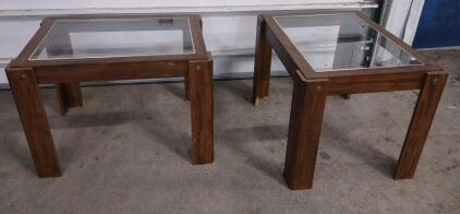 (2) Mid-Century Modern Wooden Side Table with Glass Top
