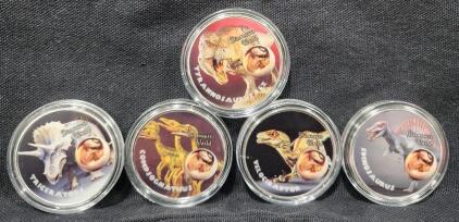 (5) Jurassic Times Dinosaurs Silver Plated Collectible Rounds