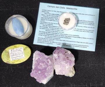 (1) 735 cts Natural Amethyst Geode Crystal Amethyst Gemstone (1) 1.55 Gram Campo Del Cielo Meteorite Space Rock W/ COA (1) 20.15 ct Natural Checkercut Blue Opal Gemstone Oval Cut Cabochon (1) 65.70 ct Natural Top Quality Green Opal Gemstone Cabochon