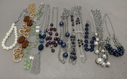 Set of Multi-Style Necklaces, Faux Pearls & Beads, Silver Chains