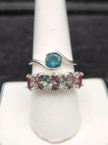 (1) Size 9 Mystic Rainbow topaz 5 Stone Ring (1) Size 8 Faceted Round Cut Facited Aquamarine Ring