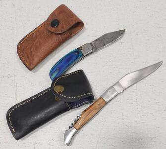 (1) Damascus Steel Pocket Knife With Wood Handle And Sheath (1) Wine And Bottle Opener With Pocket Knife And Sheath
