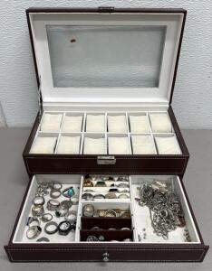 Jewelry Collection with Ornate Rings, Leather Box, 30+ Pieces