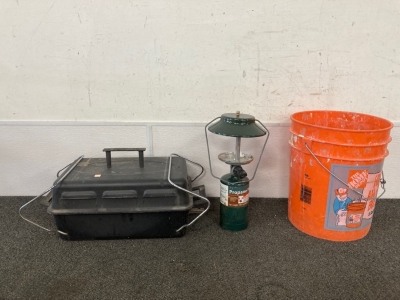 Coleman Lantern, Table Top Grill, & 5 Gallon Bucket