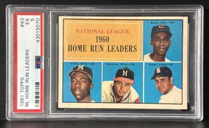 1961 Topps NL Home Run Leaders #43, PSA EX 5, Hank Aaron, Ernie Banks