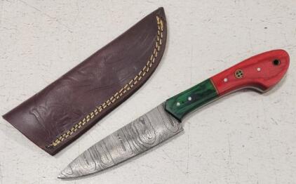 (1) Fixed Blade Damascus Steel Kitchen Knife With Wood Handle And Sheath