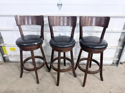 Set of 3 Tall Wooden Bar Stools with Black Vinyl Upholstery