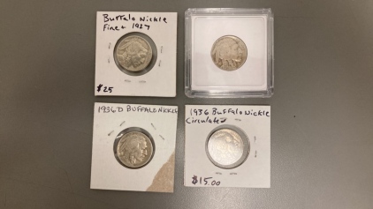 (4) 1927-1936 Buffalo Nickels