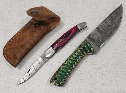 (1) Fixed Blade Damascus Steel Skinning Knife With Wood Handle (1) Damascus Steel Pocket Knife With Wood And Metal Handle W/ Sheath