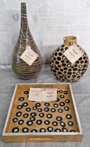 (2) Heart Of Hati - Handmade Paper Mache Vases 18"T & 12"T & (1) Handmade Wooden Tray, 12" x 12"