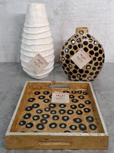 (2) Heart Of Hati - Handmade Paper Mache Vases 16"T & 12"T & (1) Handmade Wooden Tray, 12" x 12"