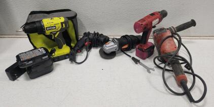 (1) Ryobi 18V ONE+ 1/2-inch Drill Driver (1) Skil 5.5A 3/8-Inch Corded Drill, model 6239-01 (1) Warrior 4-1/2 in. Angle Grinder (1) Hilti AG 450-7D Angle Grinder (1) Milwaukee 14.4V Power Plus 1/2-inch Cordless Drill Driver