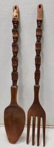 (1) 41" Vintage Tiki Hand Carved Wooden Fork & Spoon Wall Art