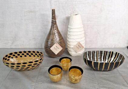 (2) Heart Of Hati - Handmade Paper Mache Vases 18"T & 16"T & (2) Handmade Paper Mache Bowls, 12"L x 7"W x 4.5"T & (6) Paper Mache Cups