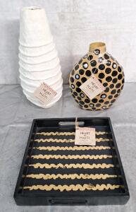 (2) Heart Of Hati - Handmade Paper Mache Vases 16"T & 12"T & (1) Handmade Wooden Tray, 12" x 12"