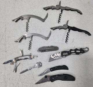 (1) Frost Cutlery Flying Falcon Trailing Point Combination Blade Lock Back Knife (1) NEBO White Lock-Blade Utility Knife (1) Frost Large Tactical Style Folding Knife - Lockback Serrated Blade (1) Bullet Line Pocket Multi-tool, Engraved w/"J-U-B Engineers