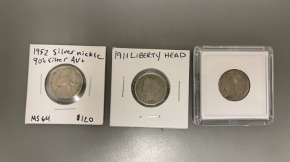 1952 Silver Nickel, 1911 Liberty Head Nickel, & 1936 Buffalo Nickel