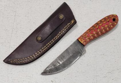 (1) Fixed Blade Damascus Steel Hunting Knife With Wood Handle And Sheath