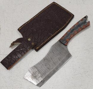 (1) Damascus Steel Cleaver Knife With Wood Handle And Sheath
