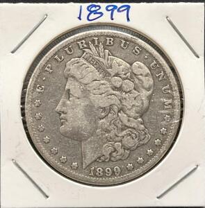 1899 Morgan Dollar Coin, United States, 90% Silver, No Visible Mint Mark