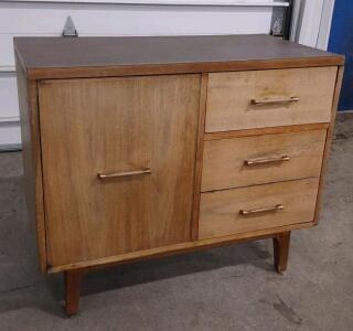 Mid-Century Modern Wooden Sideboard, 3 Drawers, Tapered Legs, Metal Handles