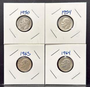 1950, 1954, 1963, 1964 U.S. Roosevelt Dimes, 90% Silver Content