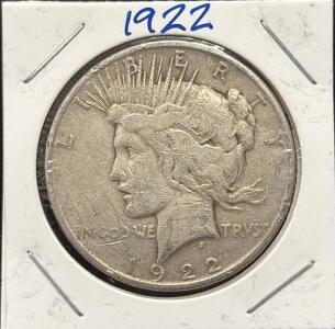 1922 United States Peace Dollar, 90% Silver, No Mint Mark