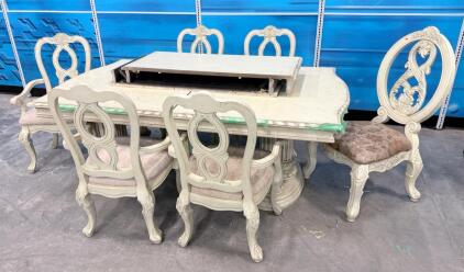 Elegant Distressed White Wood Dining Table Set with 6 Chairs & Leaf Extension