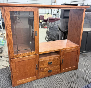 Oak Finish Wooden Entertainment Center with Glass Door Cabinet and Drawers