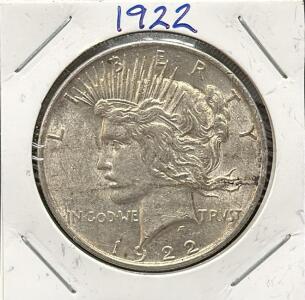 1922 United States Peace Dollar Coin, 90% Silver, Anthony de Francisci Design