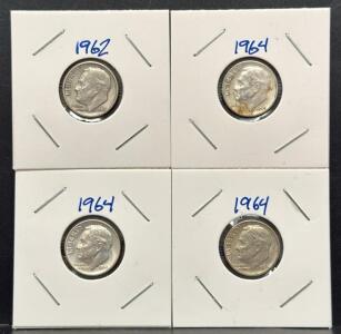 (4) 1962, 1964 Roosevelt Dime Coin Collection, 90% Silver, U.S. Mint
