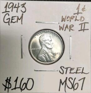 1943 Lincoln Wheat Penny, Steel, MS67, WWII Era