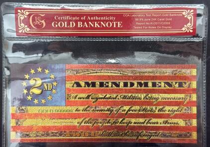 24K Gold-Plated 2nd Amendment Banknote, COA Laboratory, 99.9% Pure Gold