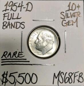 1954-D Roosevelt Dime, MS68 FB, Silver, Rare Full Bands
