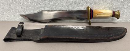 Vintage Bowie Knife, Stainless Steel Blade, & Leather Sheath