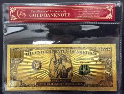24K Gold-Plated Banknote, One Million Dollars, COA Included