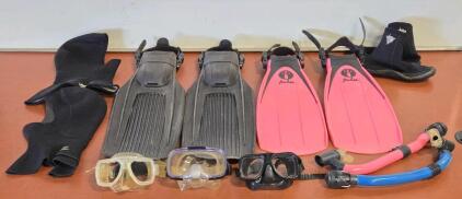 Large Lot of Diving Gear: Fins, Snorkels, Masks, & More! - W/ Carry Bag
