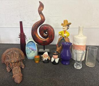(1) Ceramic Wall Sconce, (4) Vases, (2) Ceramic Pottery Decor, (1) Abstract Art Decor, Miscellaneous Pottery, (1) Paper Mache Idaho Curcuit Rider.