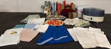 Various House Hold Items (1) Mr Coffee Food Dehydrator (2) Medical Dictionaries Variius Table Cloth Napkins and Doilies And More SEE PICTURES
