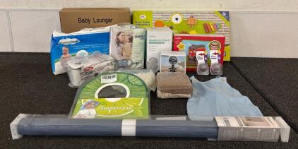 Baby Lot (1) Wall Game Crocodile (2) Packages Diapers (Diaper Duo Size 4 (24 Pack) And Bambo Nature Size 6 (19 Pack) Various Shampoo Caps (2) Piece Changing Pad Covers And More SEE PICTURES