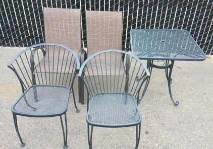 Black Metal Mesh Picnic Table With Hole For Umbrella 28" Square 29" Tall, (2) Metal Mesh Chairs, (2) Outdoor Dining Chairs