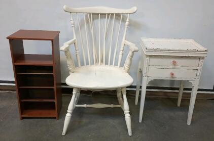 White Wooden Dining Chair, Antique White Writing Desk, Oak Laminated File/Paper Cabinet 11 1/2" x 13" x 29"
