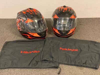 (2) Hawk Motercyle Helmets, Large And XL With Bags