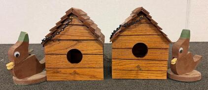 Homemade Wooden Birdhouses with Chain Hangers and Duck-Shaped Napkin Holders