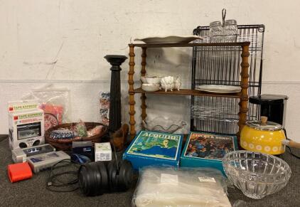 Porcelain Dishes, Vintage Games, Tape Recorder/Players, Headset, Candle Holder, Claw Clips, Small Wooden Shelf And More