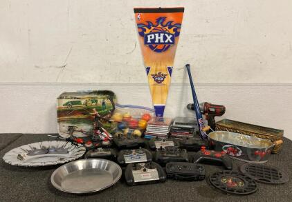 Pool Balls, (2) Remote Control Helicopters, Other Controllers, CDs, Metal Decor Dishes, Black And Decker Drill And More
