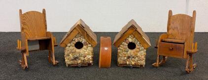 Miniature Rocking Chairs & Birdhouses Set, Wood & Stone, Natural Colors