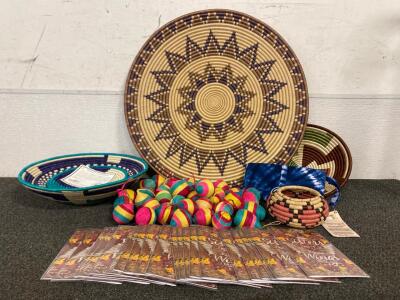 Full Circle Exchange Rwanda Handmade African Woven Goods Including Bowl Set Of (3), Ornaments, Large Woven Roundel, Handbag, Baskets And Sister Cards